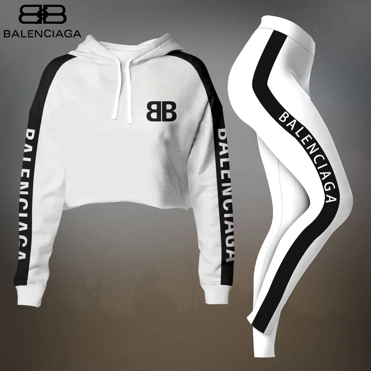 Balenciaga Womens Cropped Hoodie And Leggings Set  White With Black Side Logo