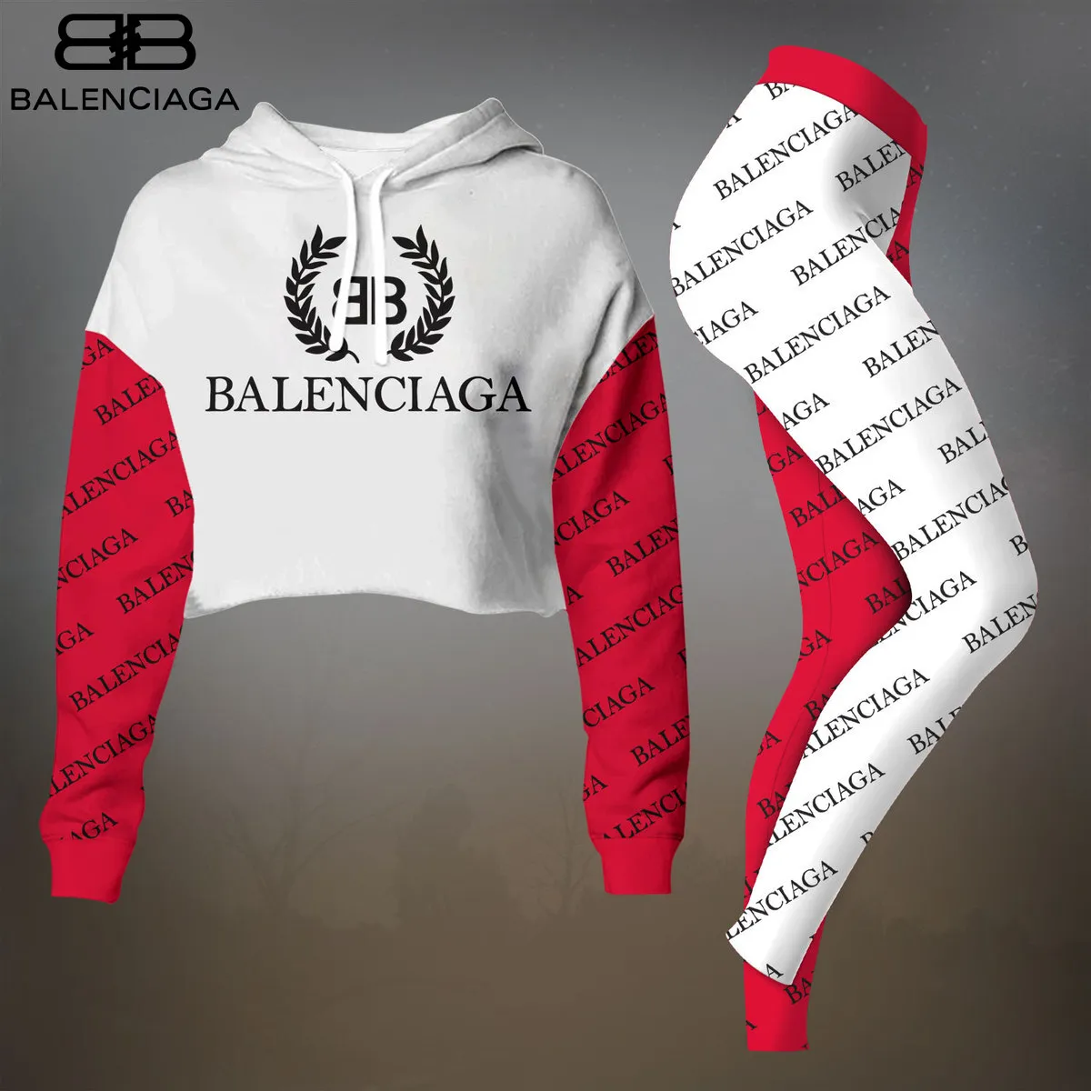 Balenciaga Womens Cropped Hoodie And Leggings Set  White With Red Sleeves Logo