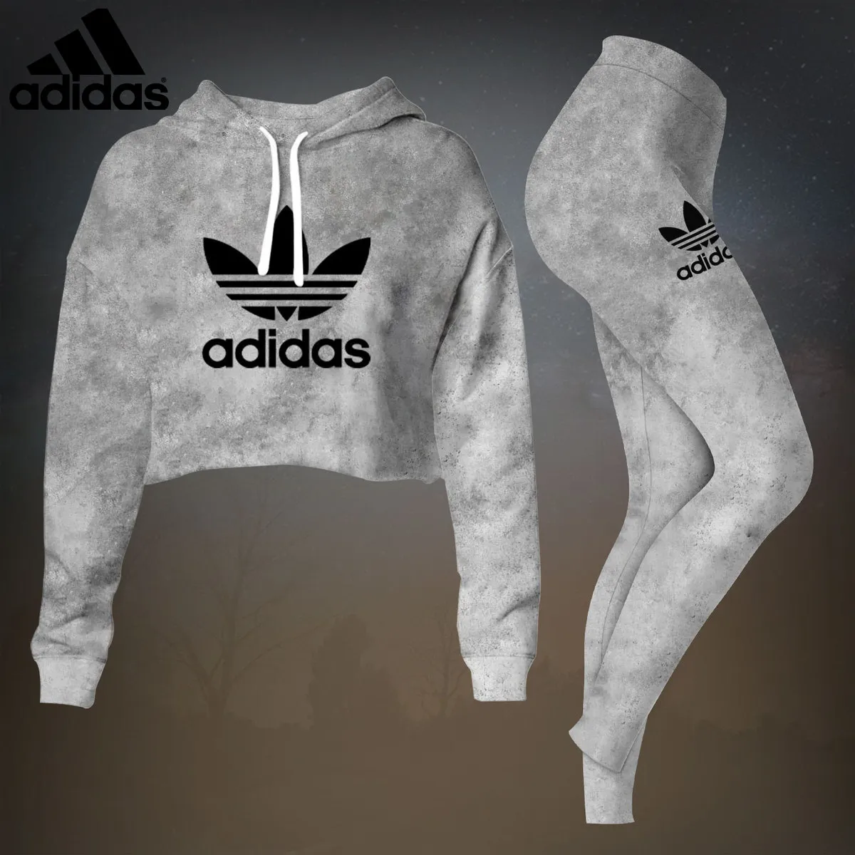 Adidas Womens Cropped Hoodie And Leggings Set  Light Gray With Black Logo