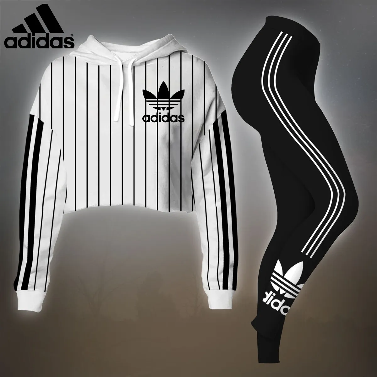 Adidas Womens Cropped Hoodie And Leggings Set  White With Black Pinstripes Logo
