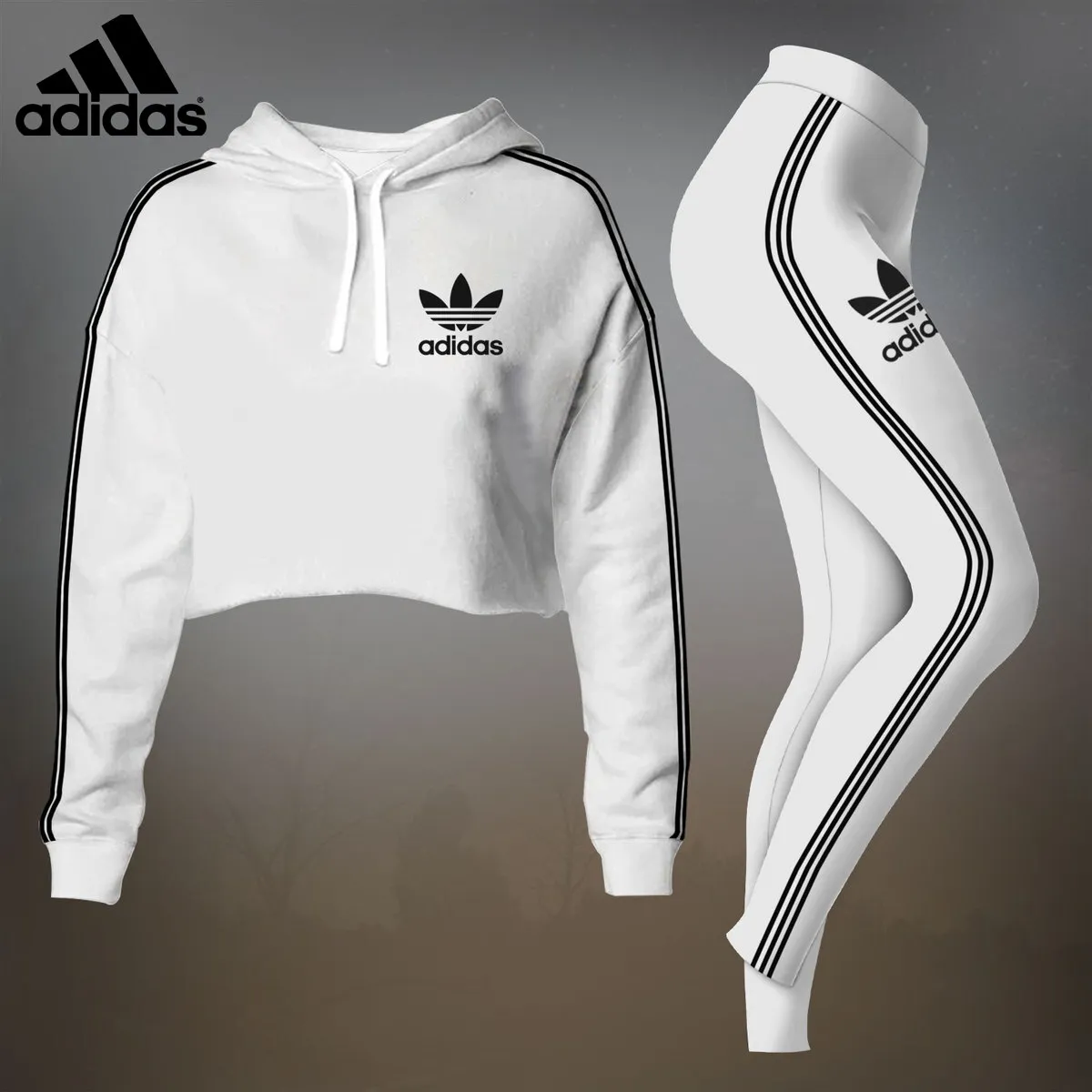 Adidas Womens Cropped Hoodie And Leggings Set  White With Black Logo