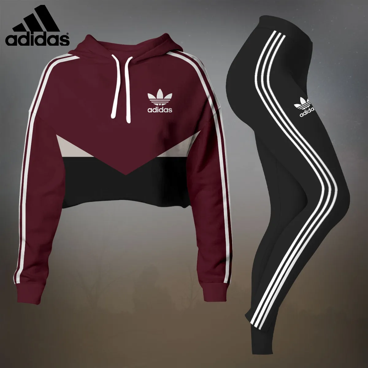 Adidas Womens Cropped Hoodie And Leggings Set  Maroon With White Stripes Trefoil Logo