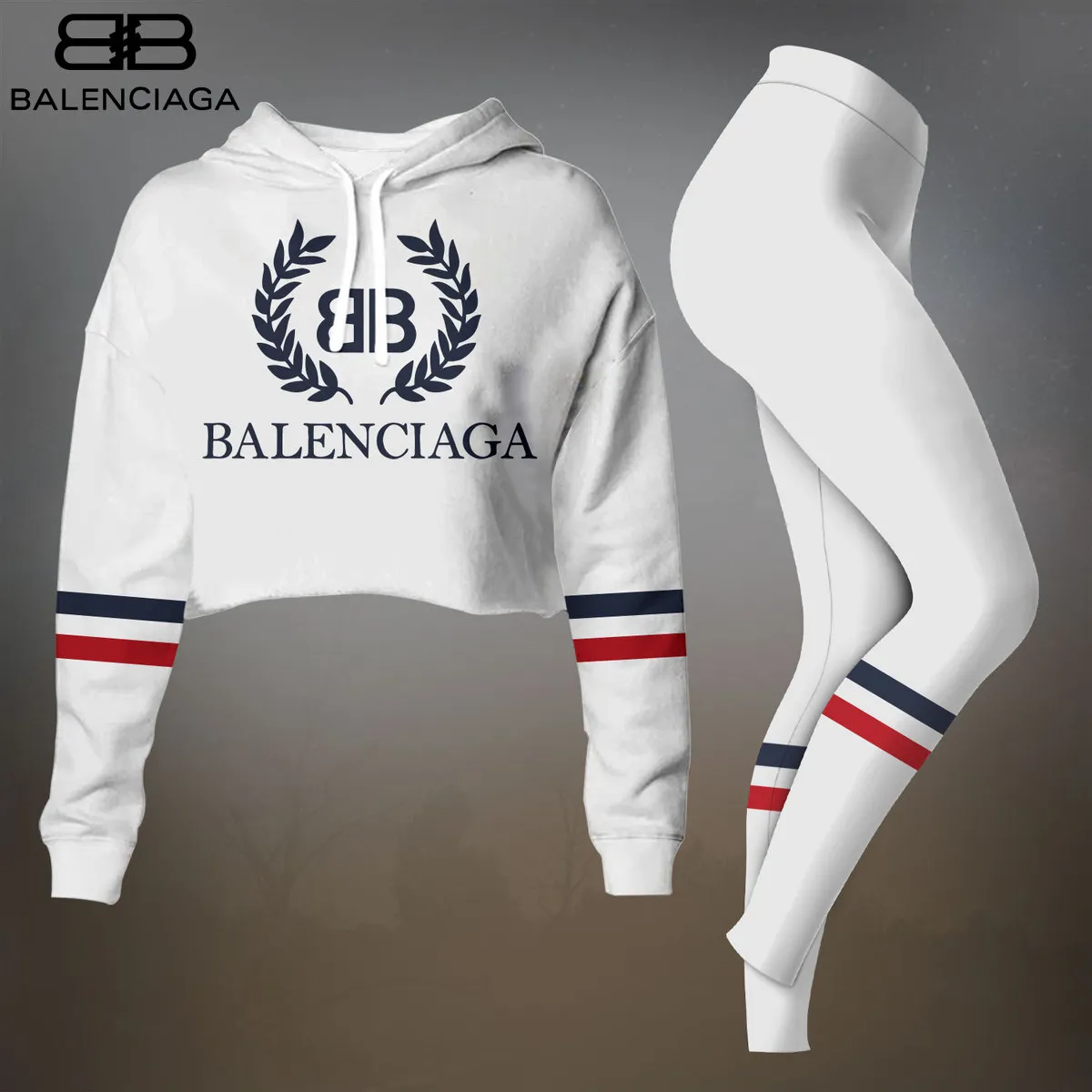 Balenciaga Womens Cropped Hoodie And Leggings Set  White With Black Stripes And Crest Logo