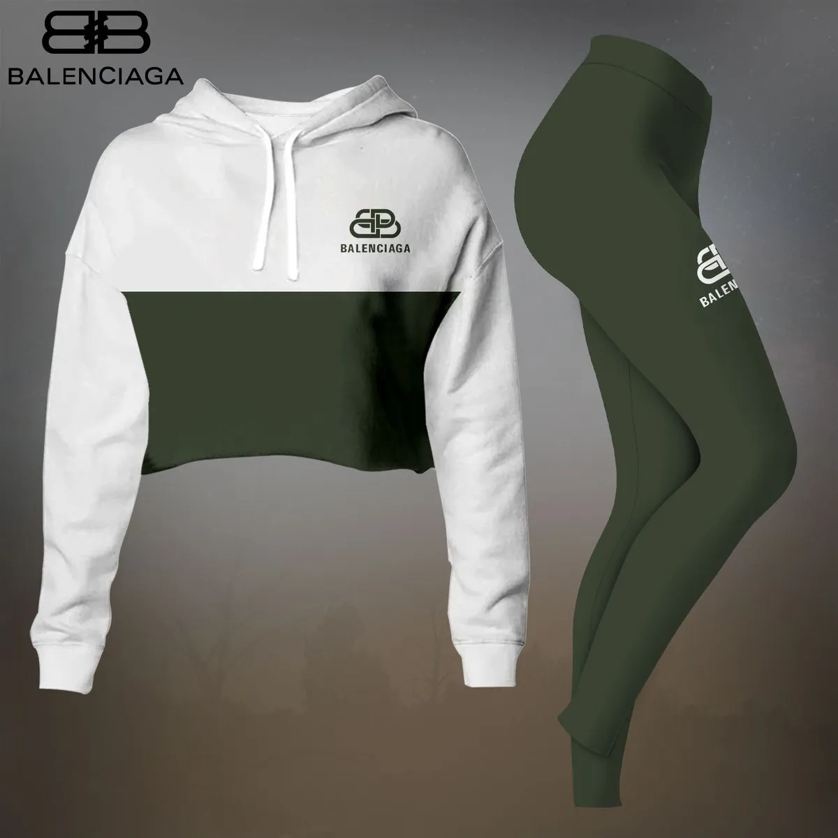 Balenciaga Womens Cropped Hoodie And Leggings Set  White And Green Color Block Logo