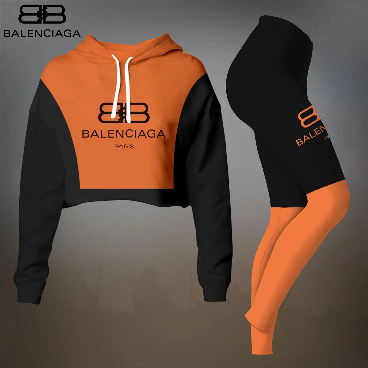 Balenciaga Womens Cropped Hoodie And Leggings Set  Orange And Black Color Block Logo