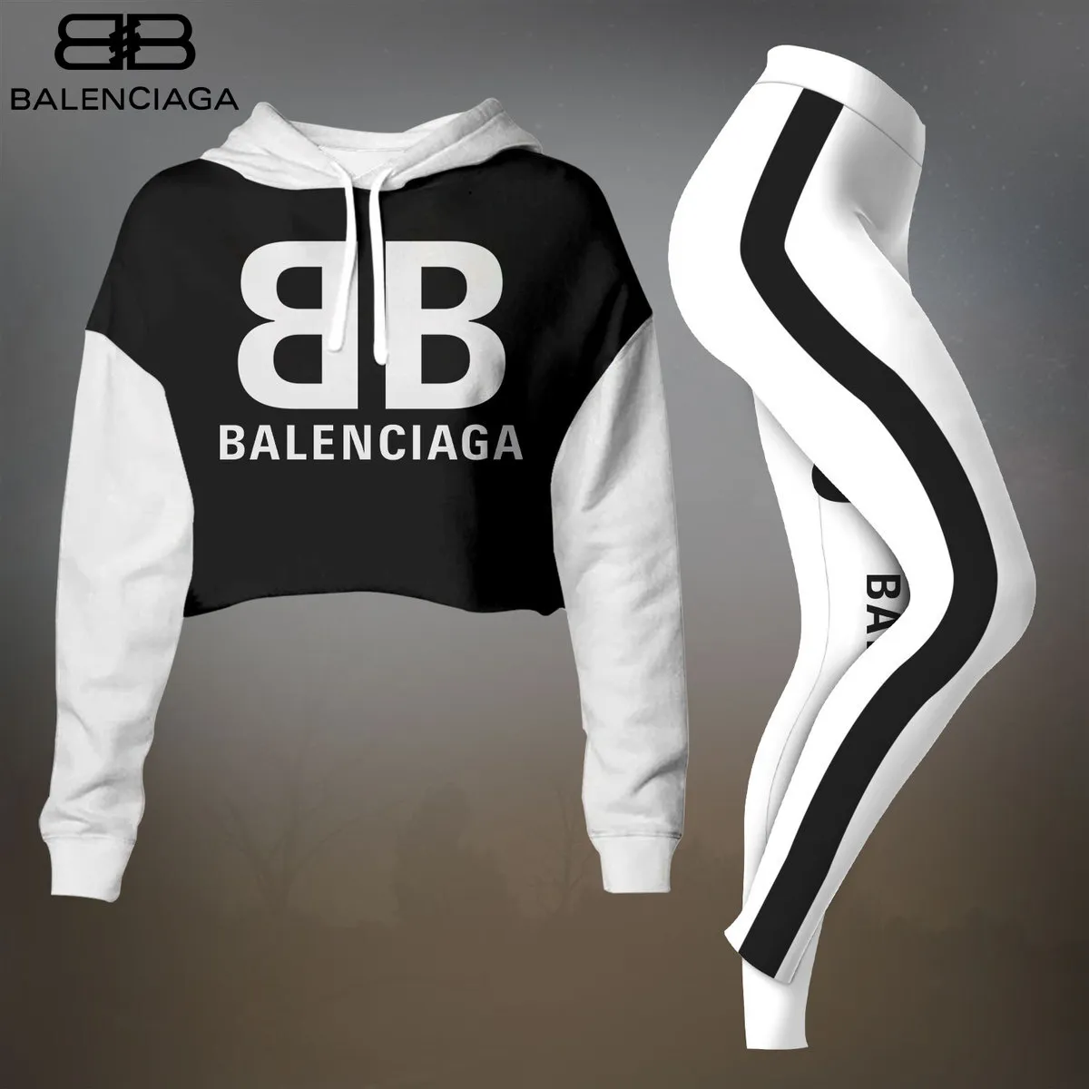 Balenciaga Womens Cropped Hoodie And Leggings Set  White With Black Side Stripe Logo