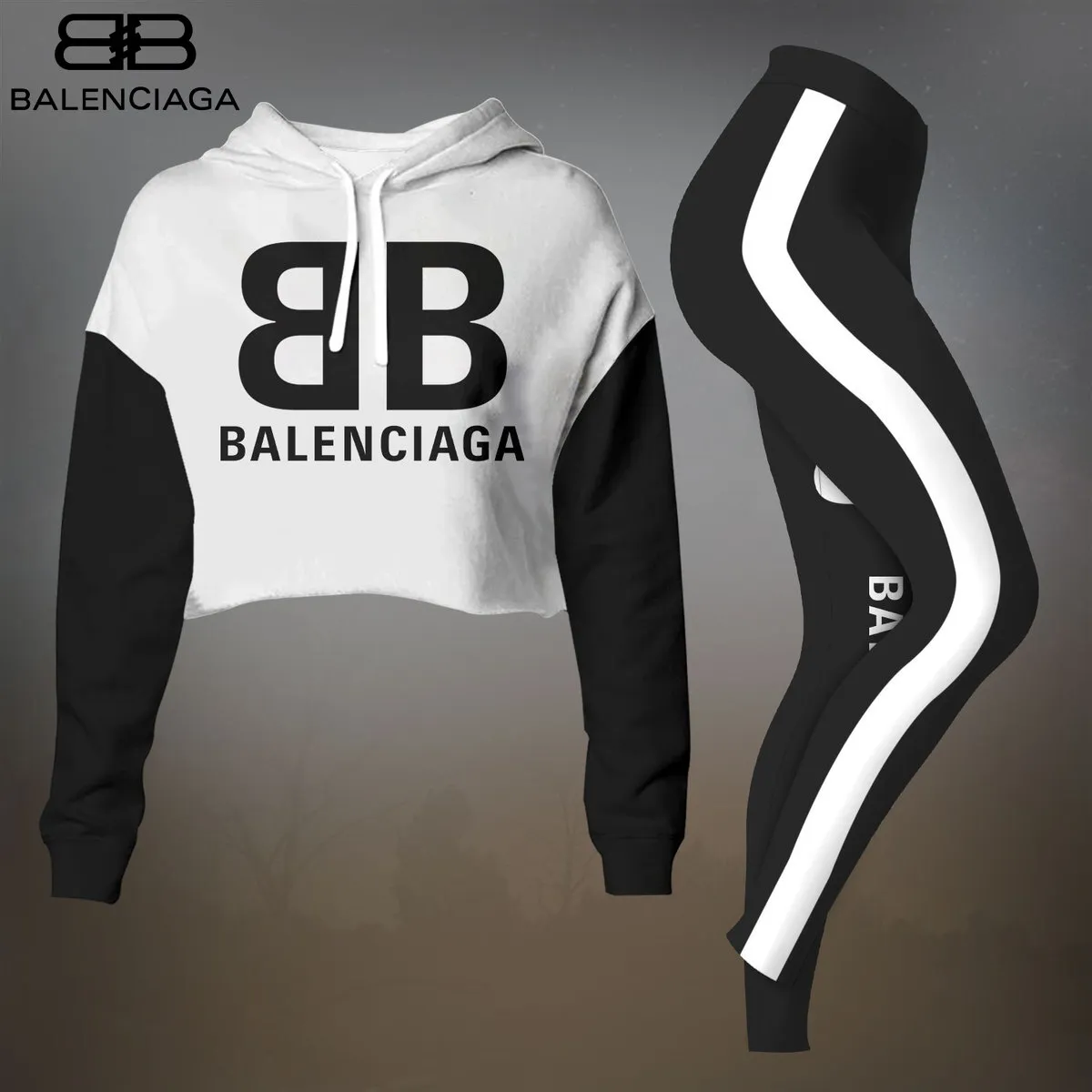 Balenciaga Womens Cropped Hoodie And Leggings Set White With Black Side Stripe Logo