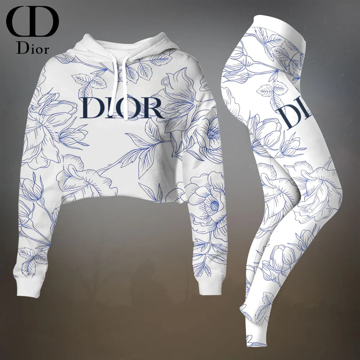 Dior Womens Cropped Hoodie And Leggings Set  White And Blue Toile De Jouy Print