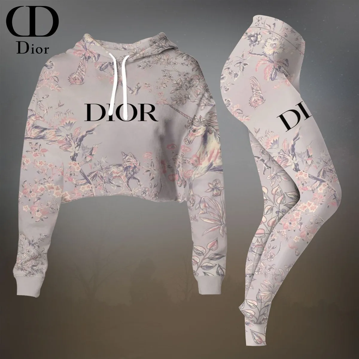 Dior Womens Cropped Hoodie And Leggings Set  White And Pink Pattern Print
