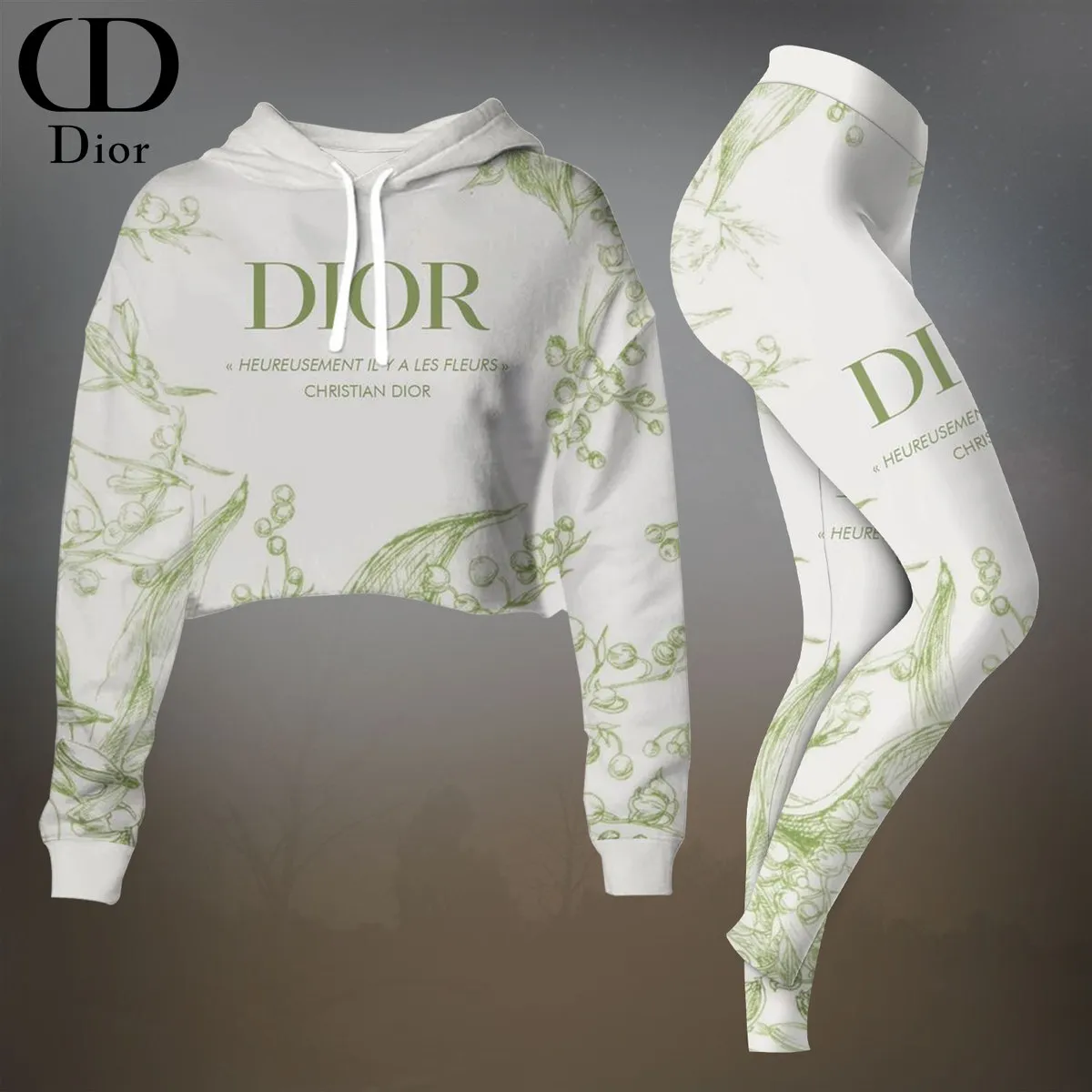 Dior Womens Cropped Hoodie And Leggings Set  White And Pastel Floral Print