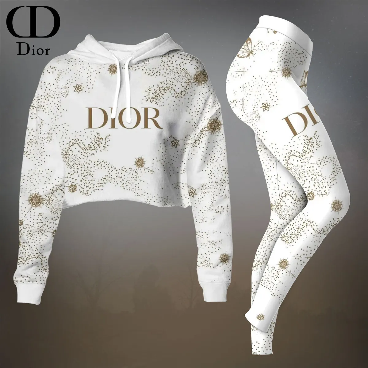 Dior Womens Cropped Hoodie And Leggings Set  White And Gold Leaf Print