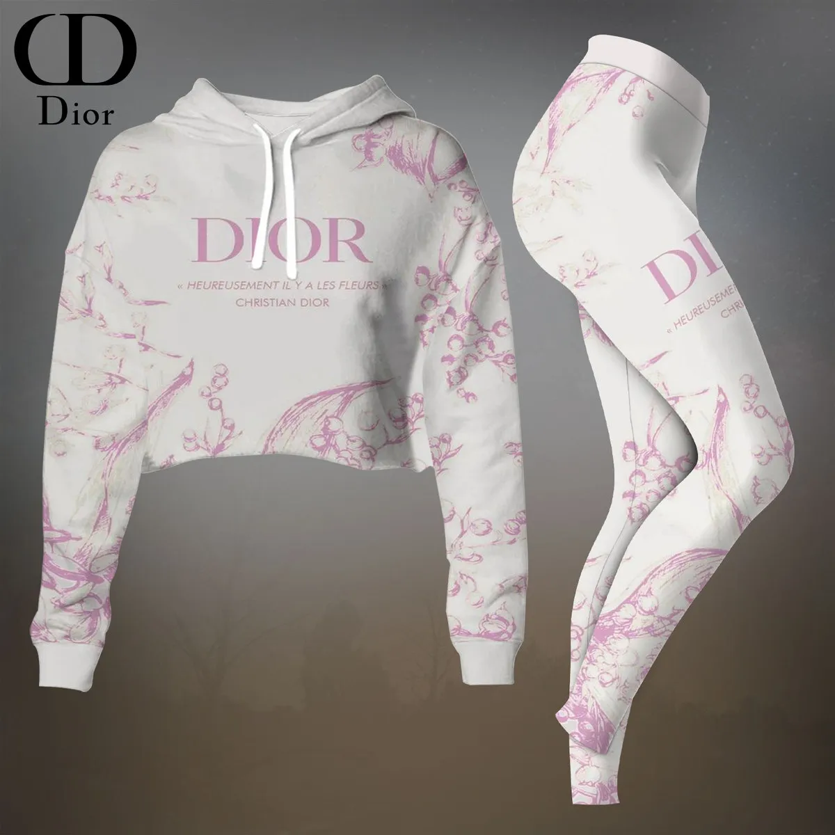 Dior Womens Cropped Hoodie And Leggings Set  White And Pink Floral Print