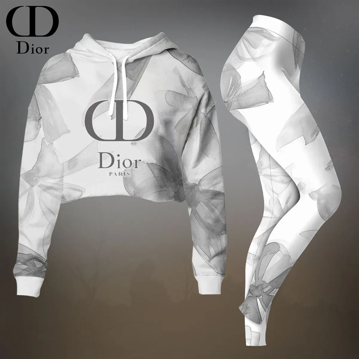 Dior Womens Cropped Hoodie And Leggings Set White With Gold Logo Print