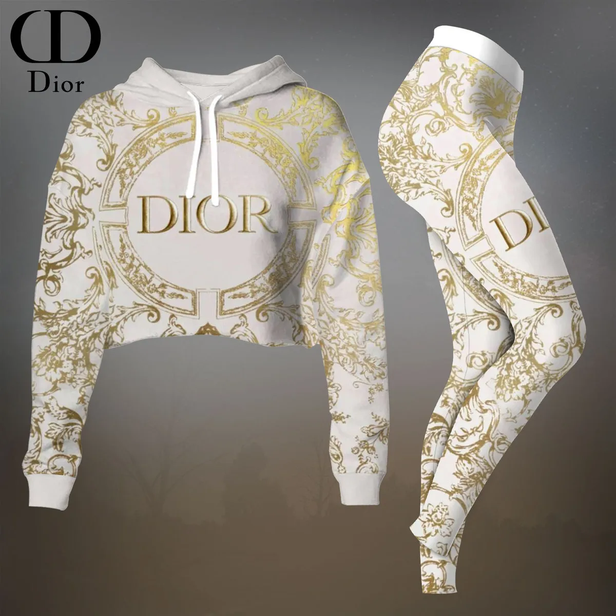Dior Womens Cropped Hoodie And Leggings Set  White And Gold Pattern Print