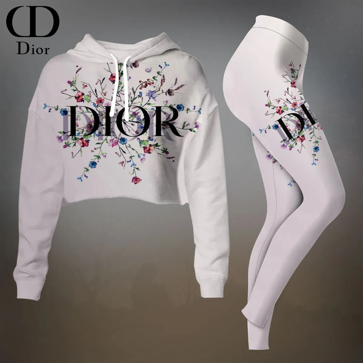 Dior Womens Cropped Hoodie And Leggings Set  White And Black Floral Logo