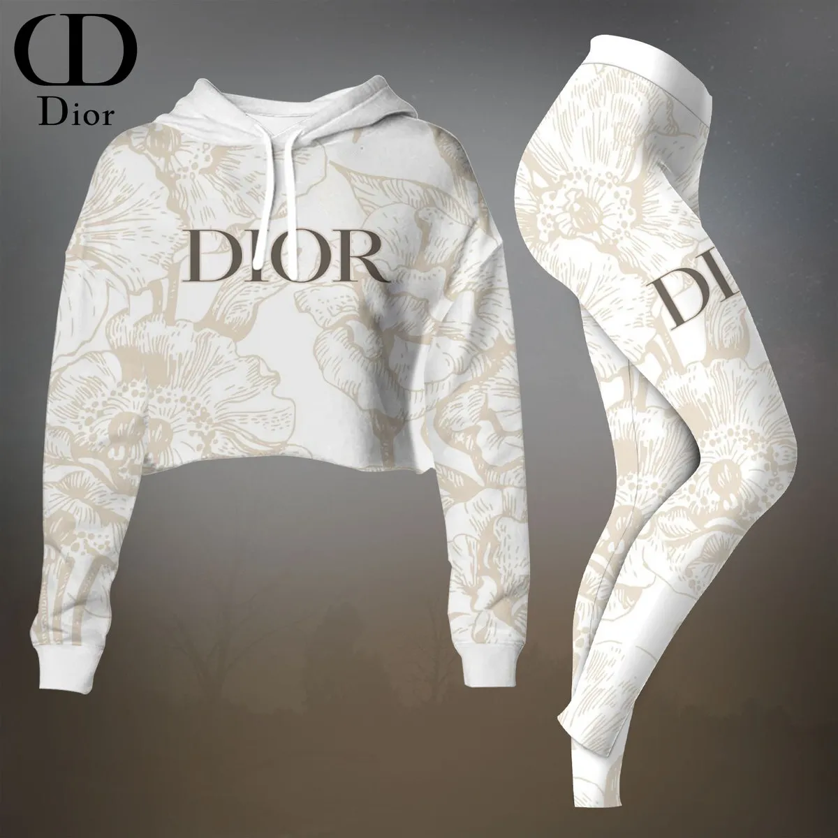 Dior Womens Cropped Hoodie And Leggings Set  White With Gold Logo Print