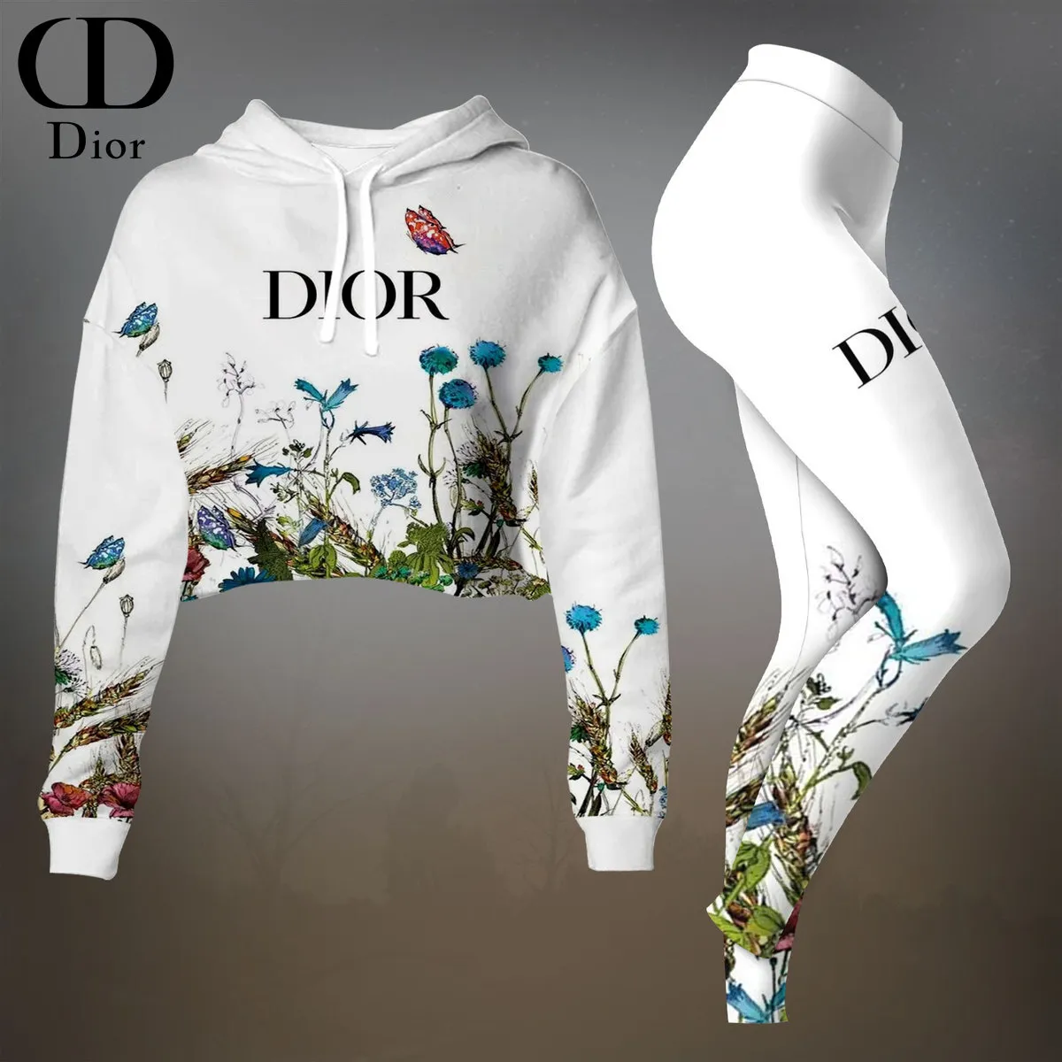 Dior Womens Cropped Hoodie And Leggings Set White Floral Print
