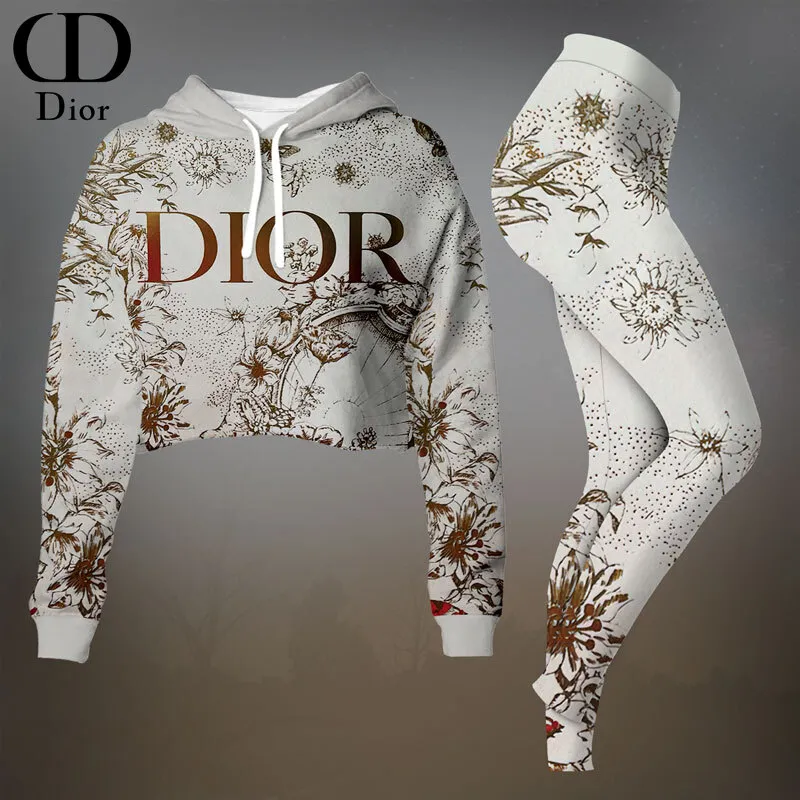 Dior Womens Cropped Hoodie And Leggings Set  Beige And Gold Baroque Print