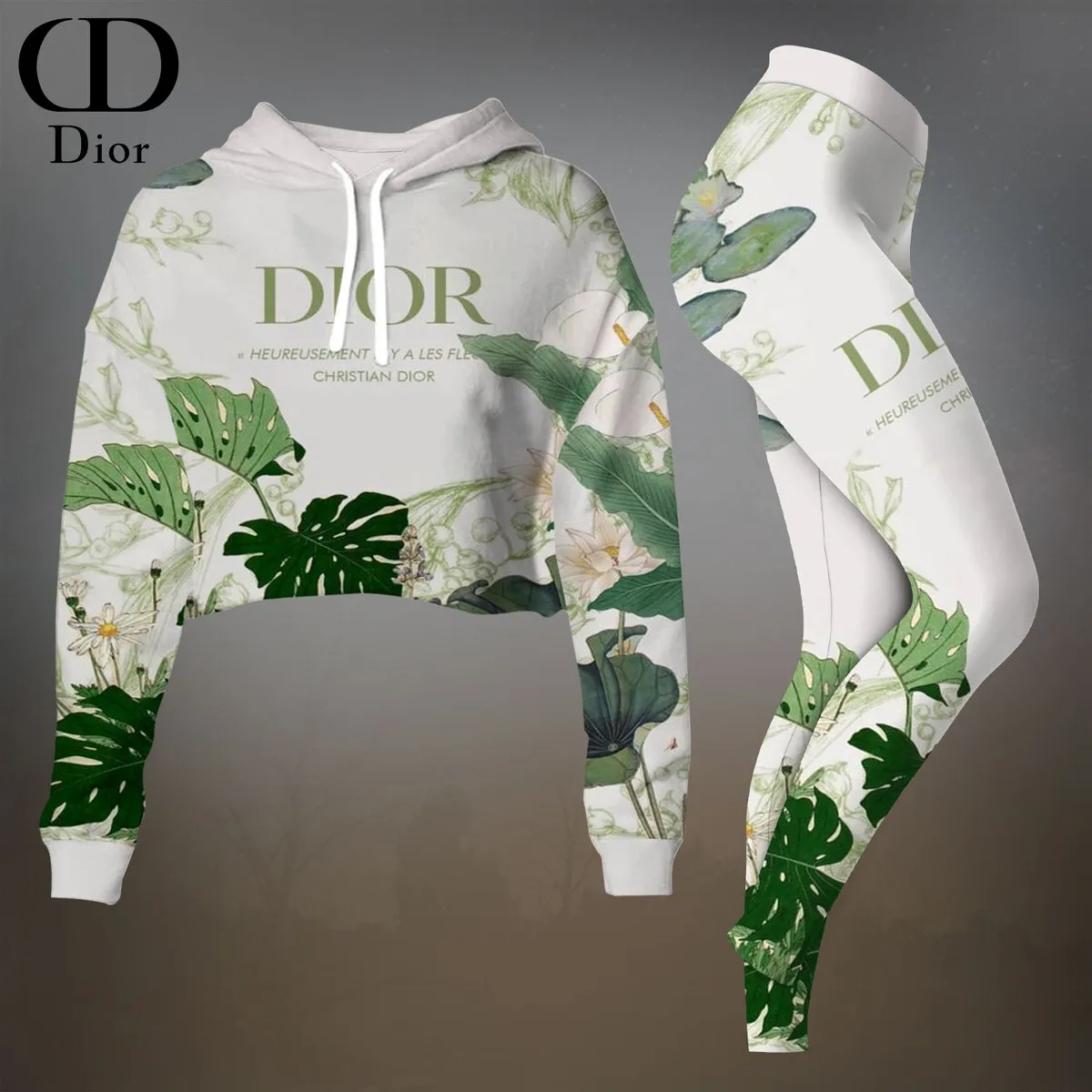 Dior Womens Cropped Hoodie And Leggings Set  White And Green Floral Print
