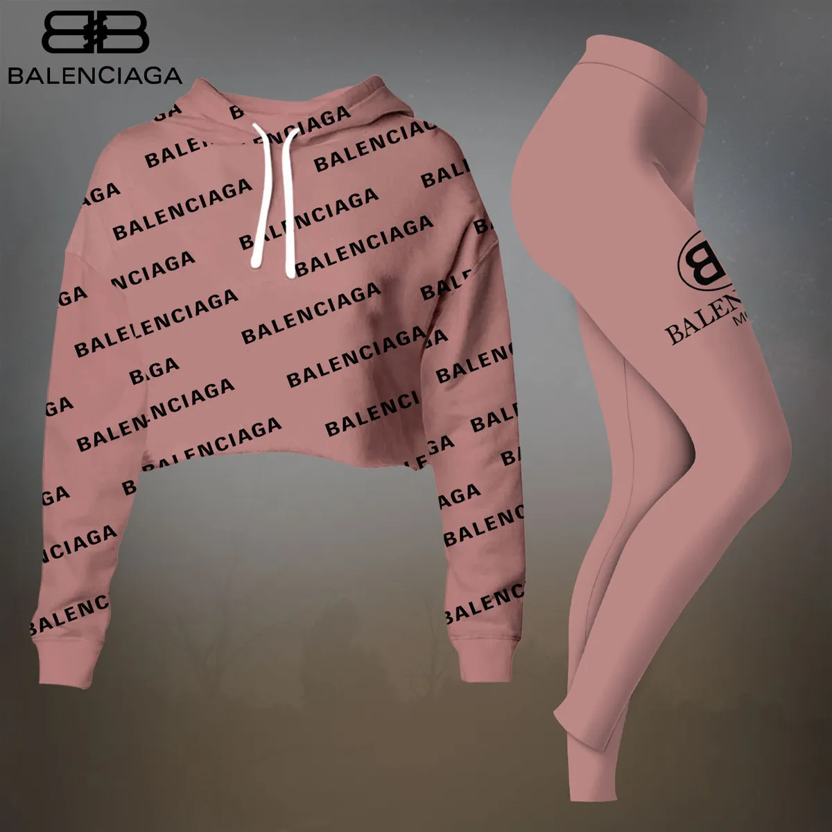 Balenciaga Womens Cropped Hoodie And Leggings Set  Pink Monogram Print