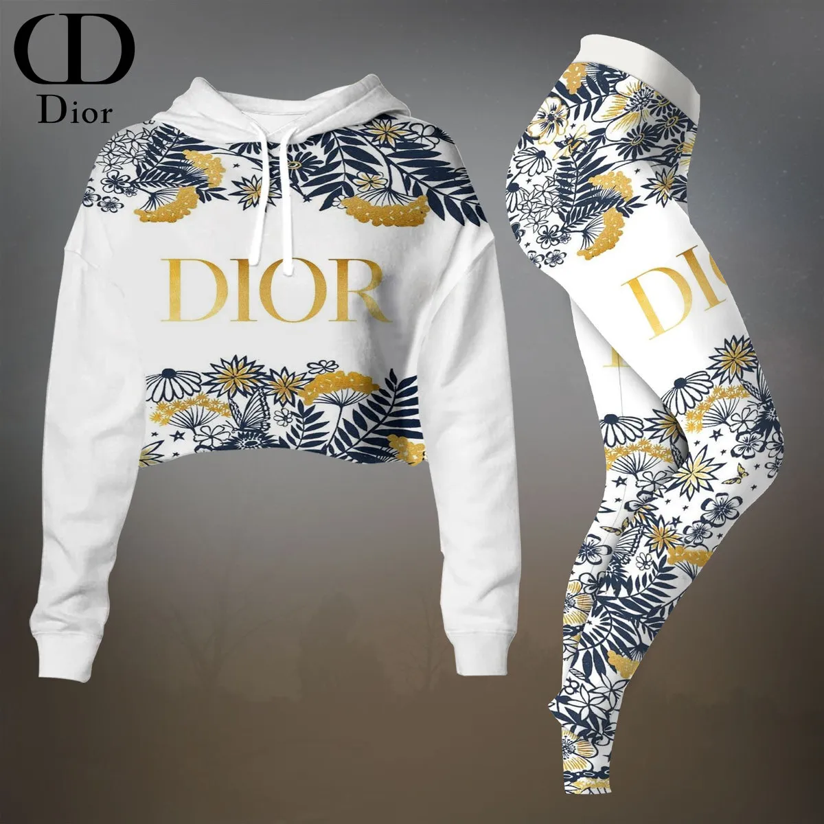 Dior Womens Cropped Hoodie And Leggings Set  White And Gold Baroque Print
