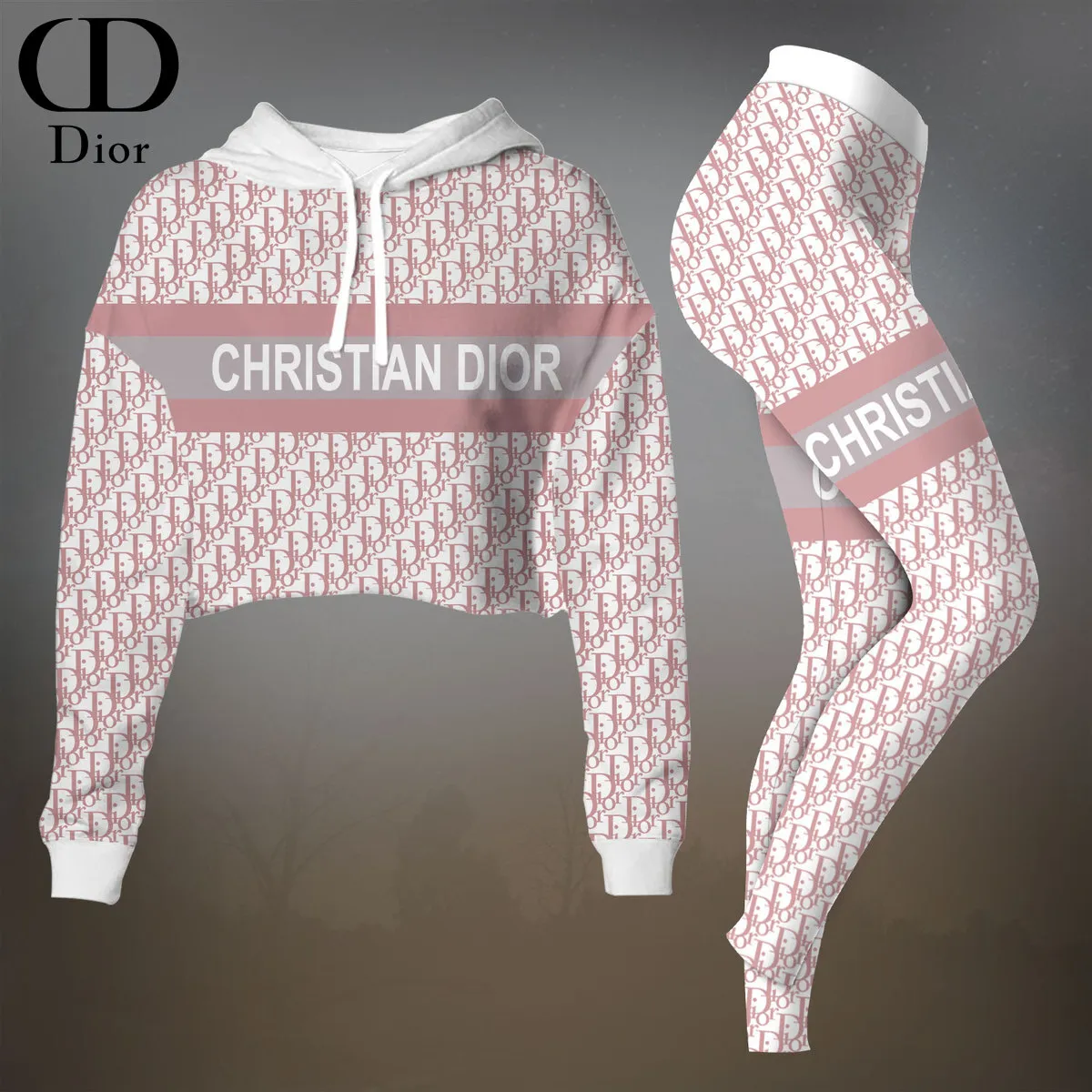 Dior Womens Cropped Hoodie And Leggings Set  White And Pink Logo Pattern