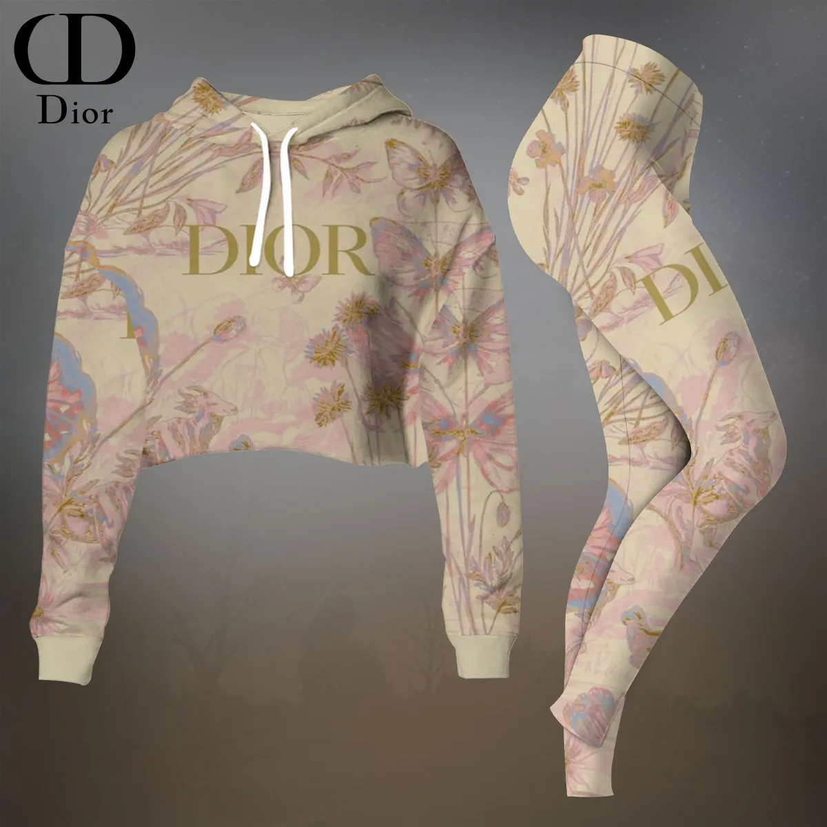 Dior Womens Cropped Hoodie And Leggings Set  White And Gold Sketch Print