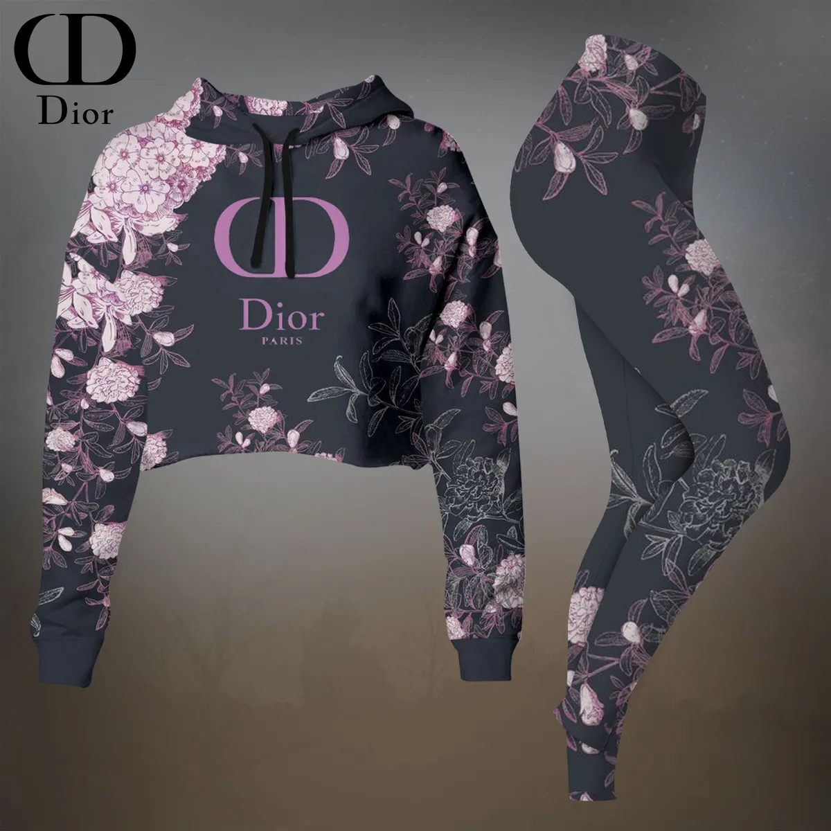 Dior Womens Cropped Hoodie And Leggings Set  Black And Pink Floral Print