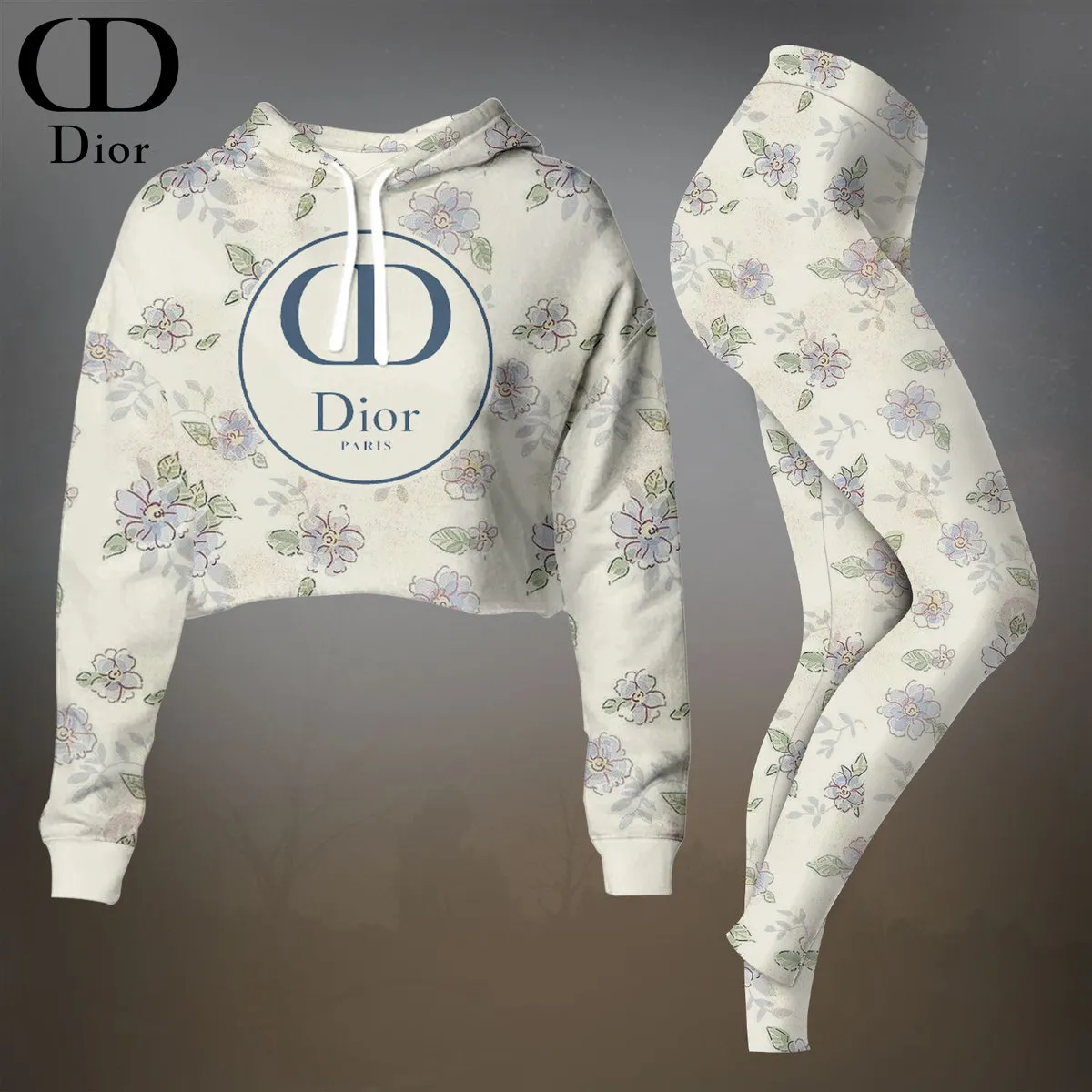 Dior Womens Cropped Hoodie And Leggings Set  Beige With Blue Dior Logo