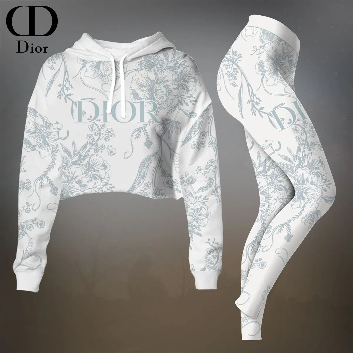 Dior Womens Cropped Hoodie And Leggings Set  White And Teal Logo Print