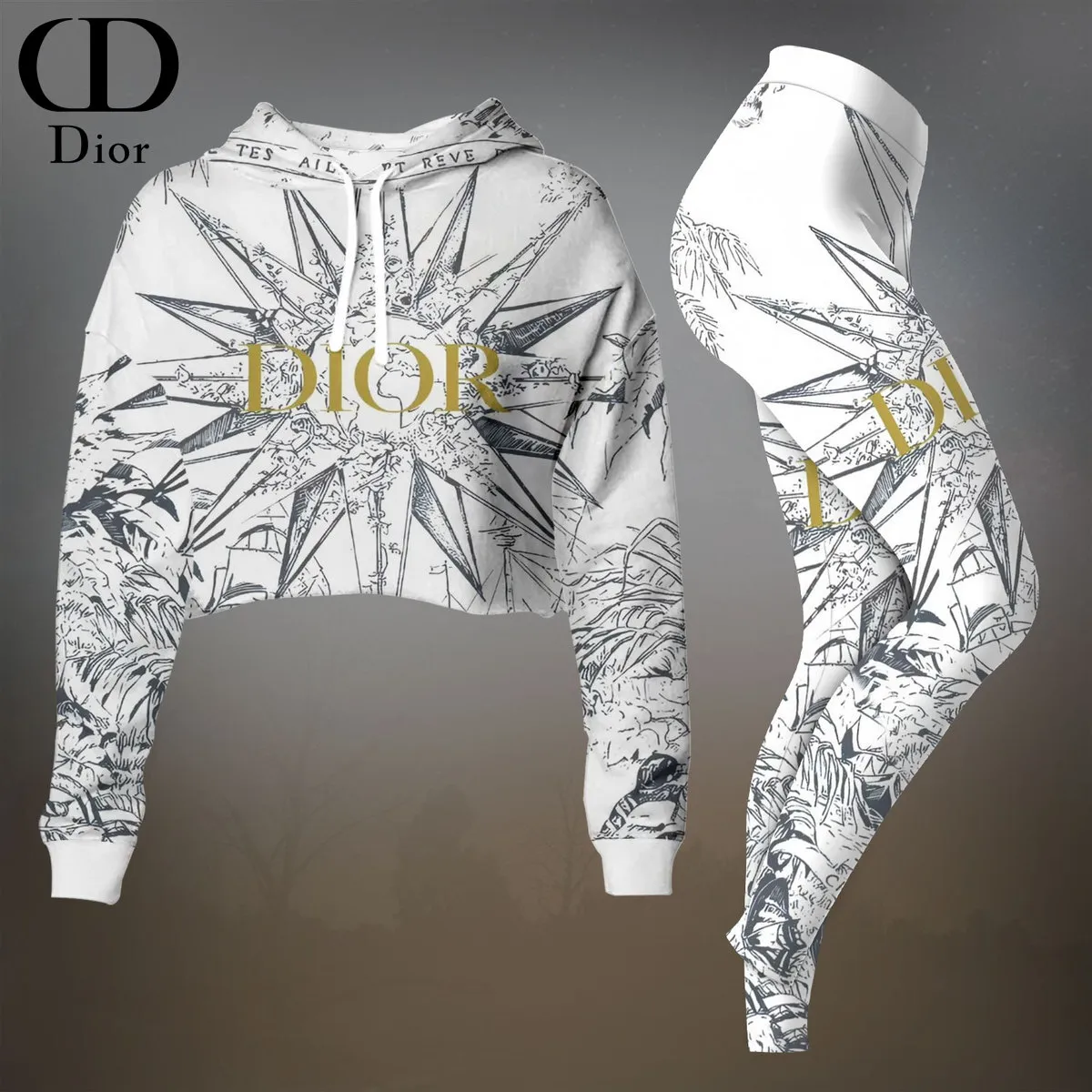Dior Womens Cropped Hoodie And Leggings Set  White And Gold Floral Sketch Print