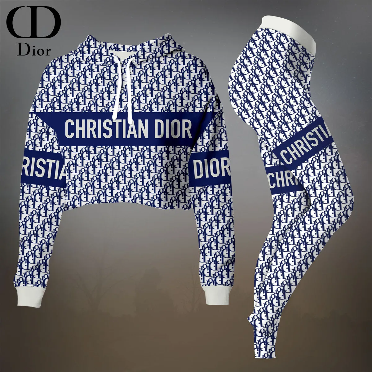 Dior Womens Cropped Hoodie And Leggings Set  Blue Christian Dior Monogram Print