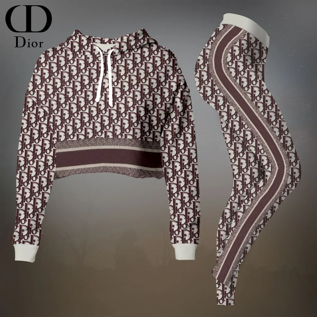 Dior Womens Cropped Hoodie And Leggings Set  Brown Monogram Logo