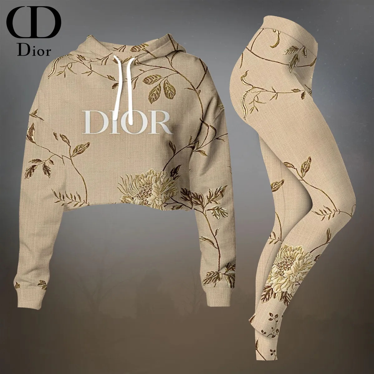 Dior Womens Cropped Hoodie And Leggings Set  Beige With Gold Abstract Logo