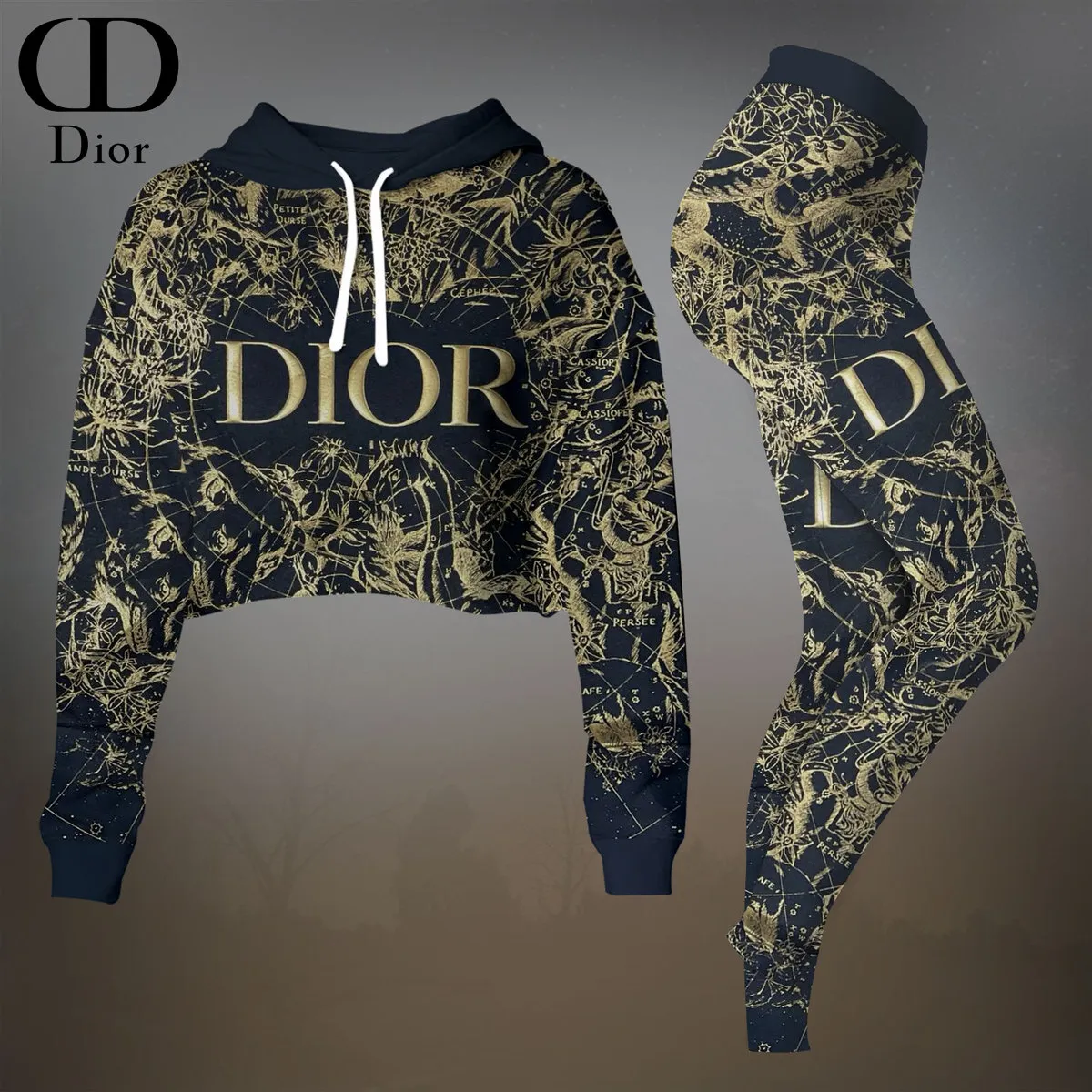 Dior Womens Cropped Hoodie And Leggings Set  Navy Blue And Gold Floral Print