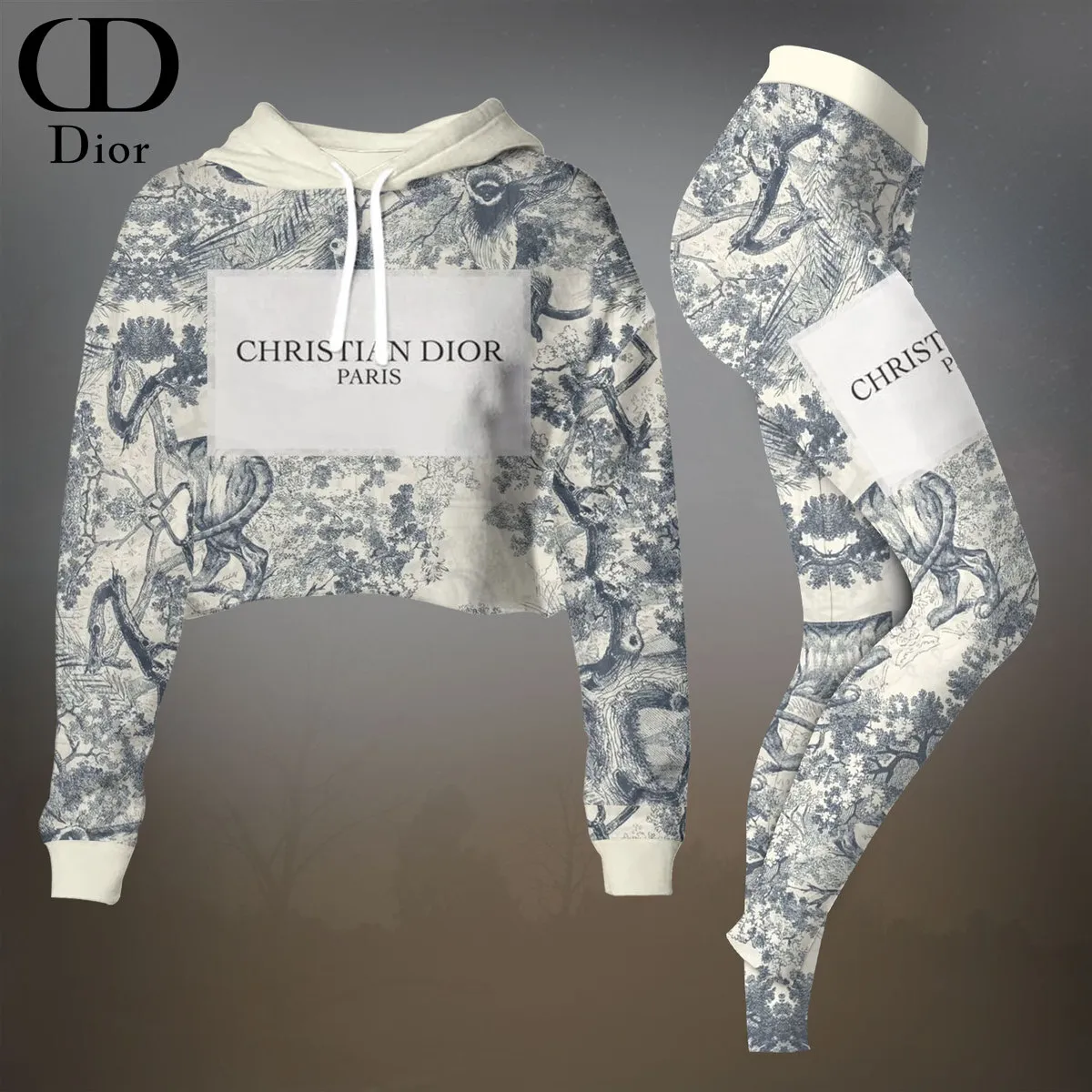 Dior Womens Cropped Hoodie And Leggings Set  White And Blue Toile De Jouy