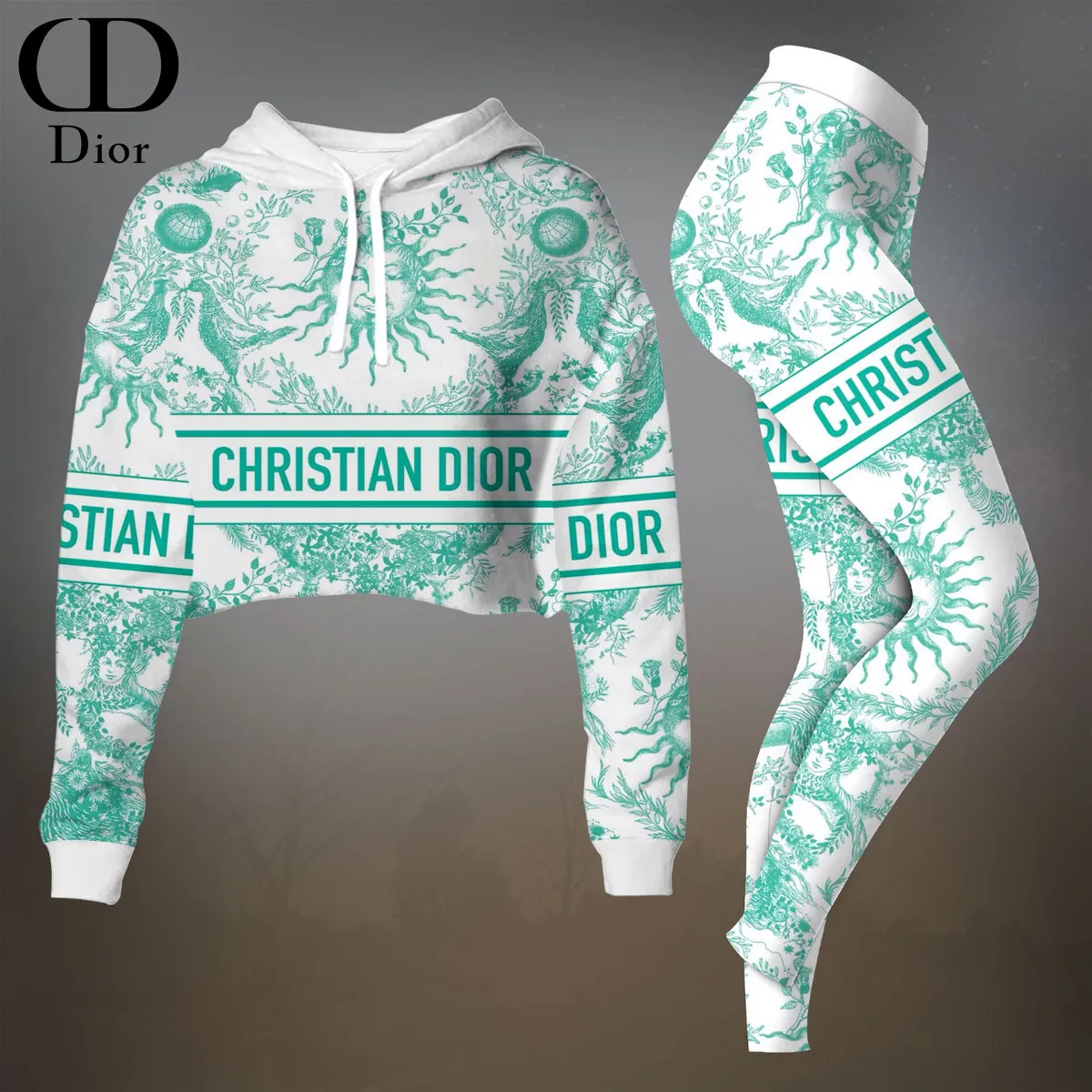Dior Womens Cropped Hoodie And Leggings Set  Mint Green Christian Dior Logo