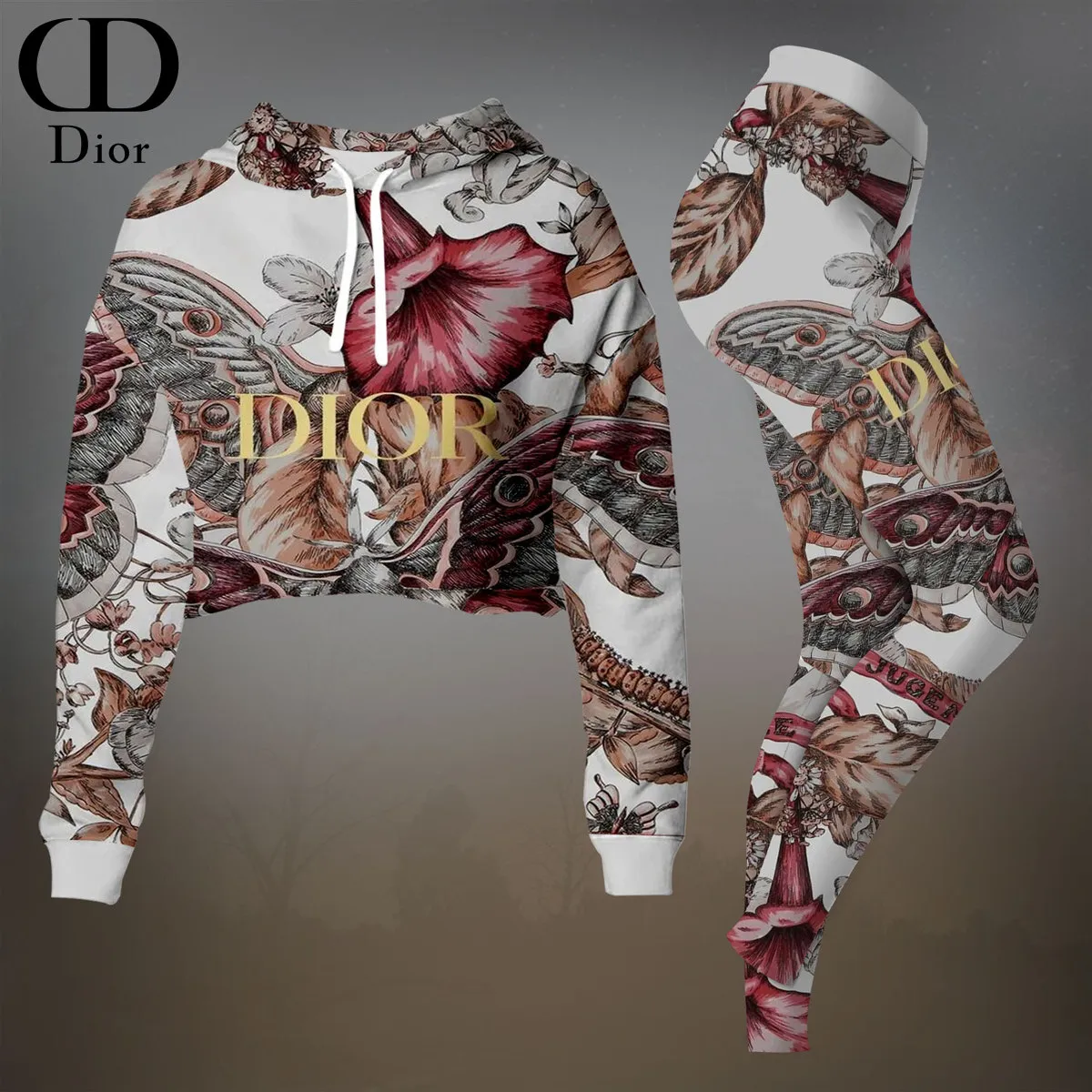 Dior Womens Cropped Hoodie And Leggings Set  Burgundy And Gold Artistic Print