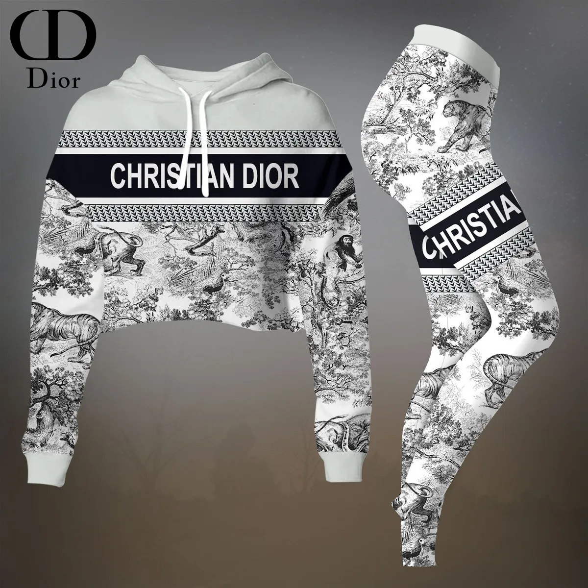 Dior Womens Cropped Hoodie And Leggings Set  White And Black Christian Dior Band Logo