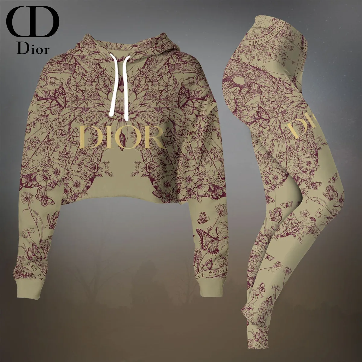 Dior Womens Cropped Hoodie And Leggings Set  Beige Vintage Toile Print