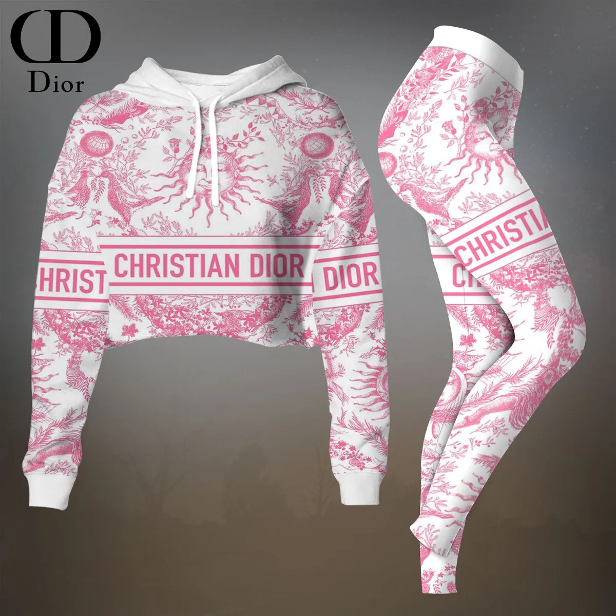 Dior Womens Cropped Hoodie And Leggings Set  Pink And White Christian Dior Logo Band