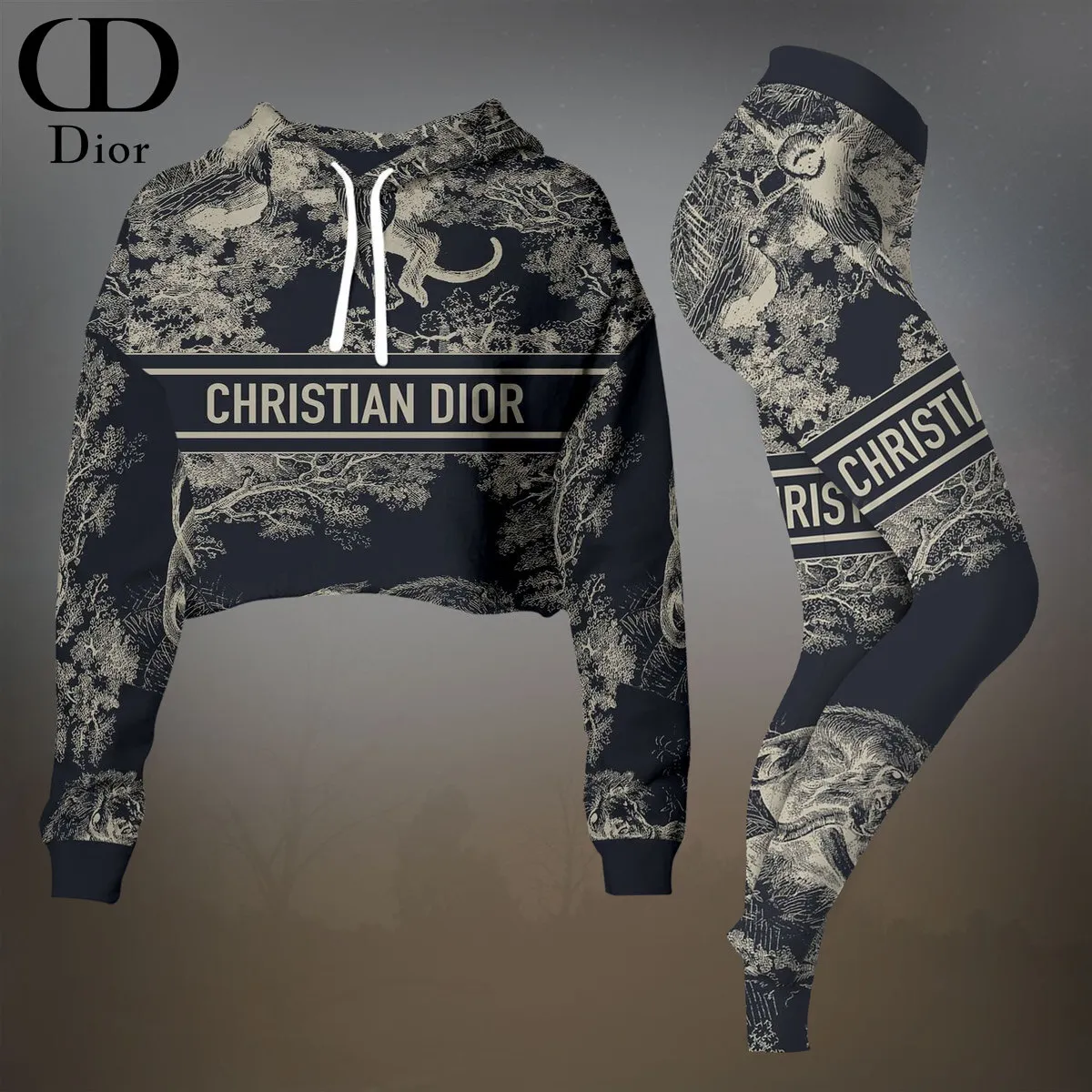 Dior Womens Cropped Hoodie And Leggings Set  Navy Blue And Gold Monogram Logo