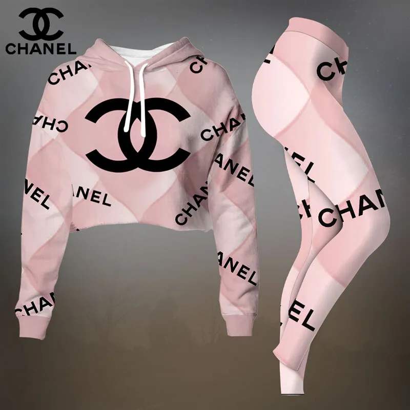 Chanel Womens Cropped Hoodie And Leggings Set  Black With White Allover CC Monogram