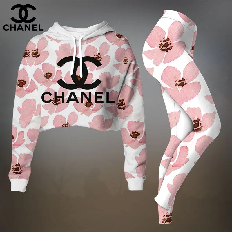Chanel Womens Hoodie And Leggings Set Pink And White Floral CC Logo