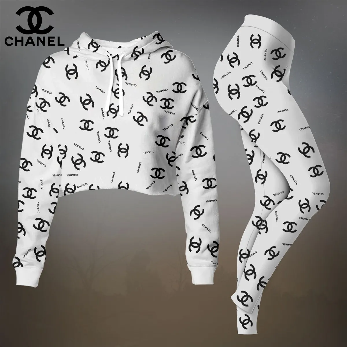 Chanel Womens Cropped Hoodie And Leggings Set  White With Black Allover CC Monogram