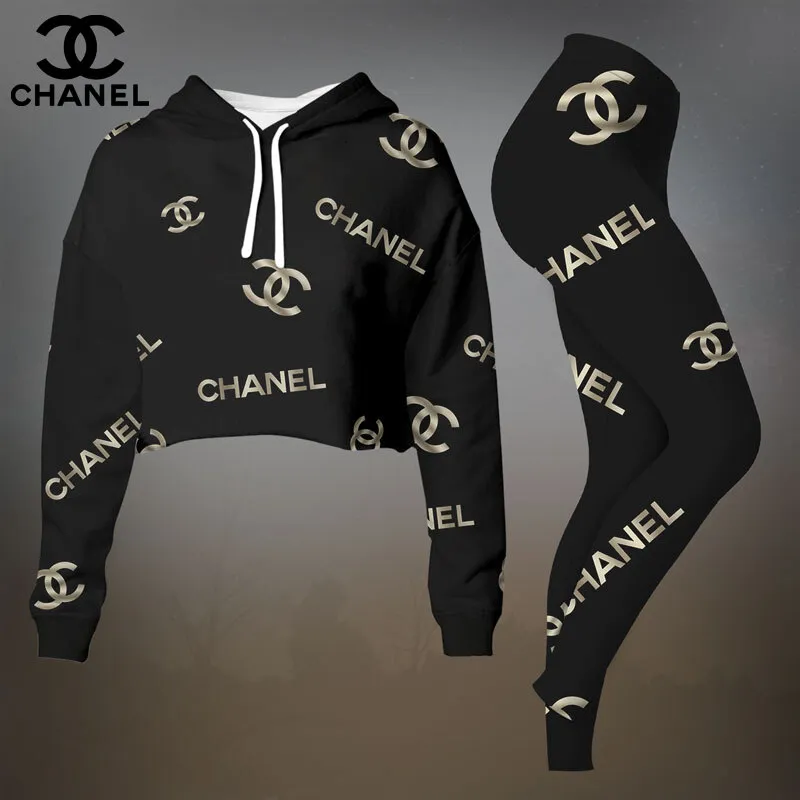 Chanel Womens Cropped Hoodie And Leggings Set  Beige With Oversized CC Logo