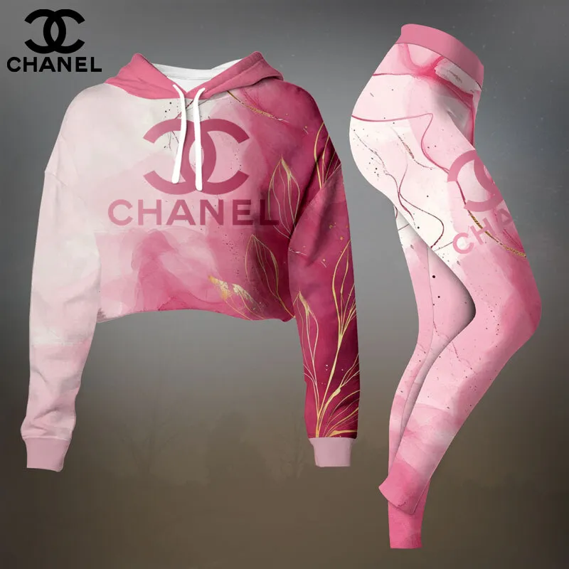 Chanel Womens Cropped Hoodie And Leggings Set  Black And Gold CC Monogram Allover Print
