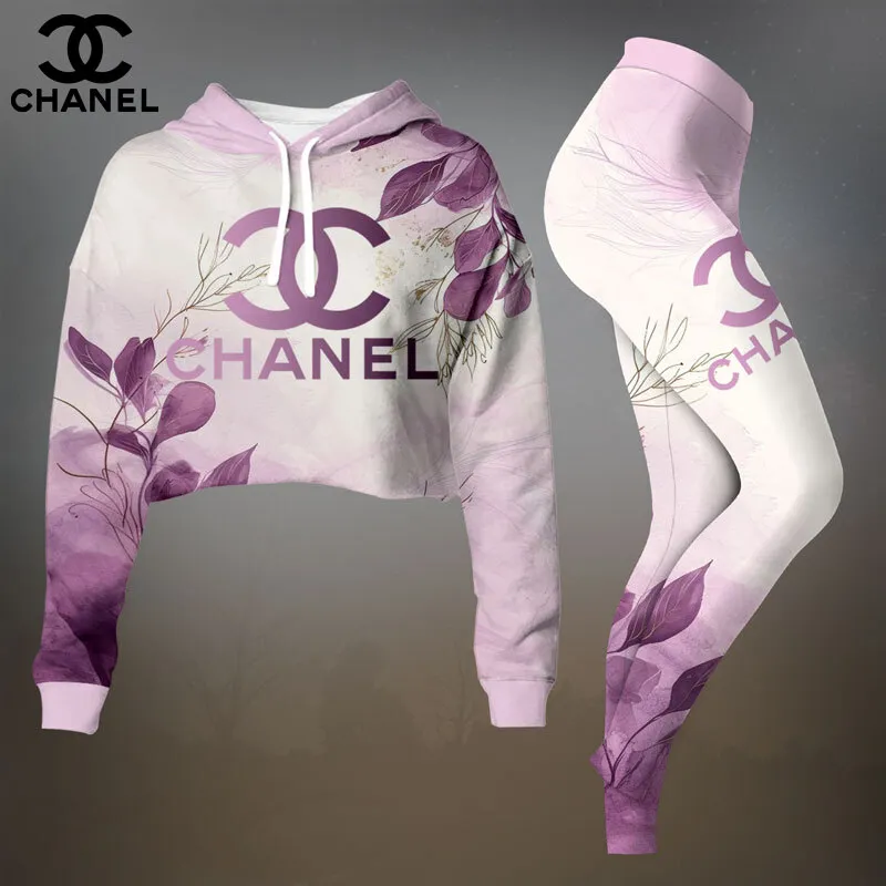 Chanel Womens Cropped Hoodie And Leggings Set  Pink Ombre CC Logo With Gold Accents