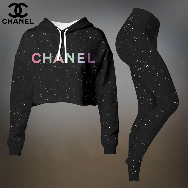 Chanel Womens Cropped Hoodie And Leggings Set  White And Purple Ombre CC Logo
