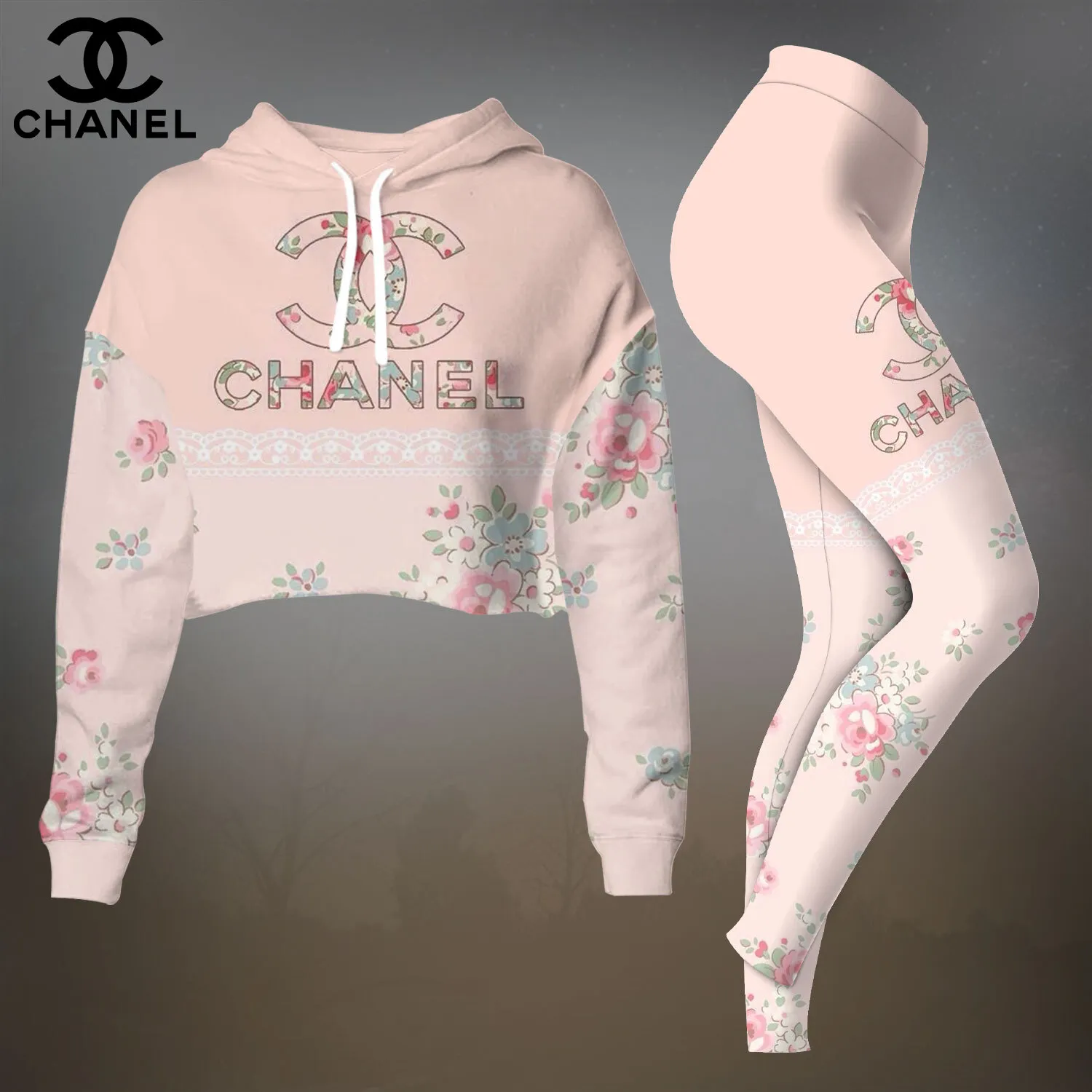 Chanel Womens Cropped Hoodie And Leggings Set  White Floral CC Logo Print